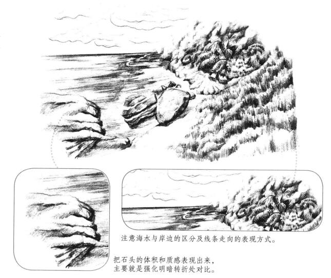 海边景色素描画法