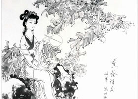 蕉荫消夏白描仕女画稿