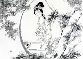 广寒行白描仕女画稿
