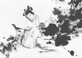 荷露白描仕女画稿
