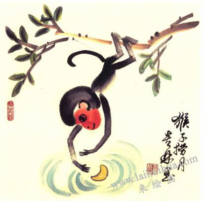 猴子捞月儿童水墨画画法步骤05