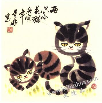 两只小花猫儿童水墨画画法步骤05