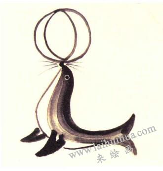 海狮顶球儿童水墨画画法步骤03