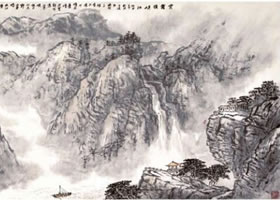 水墨山水画《云雾锁峡江》作品
