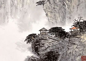 水墨山水画《山色细雨》作品