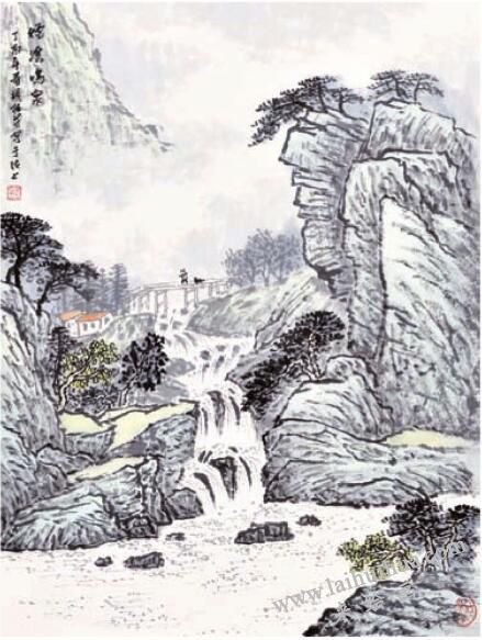 勾线法画泉瀑《烟溪鸣泉》