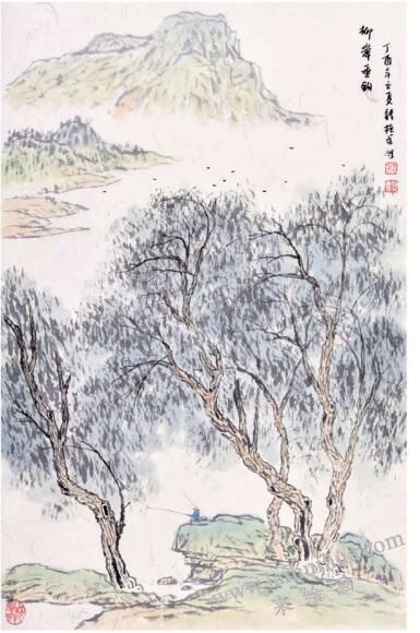 《柳岸垂钓》柳树画法