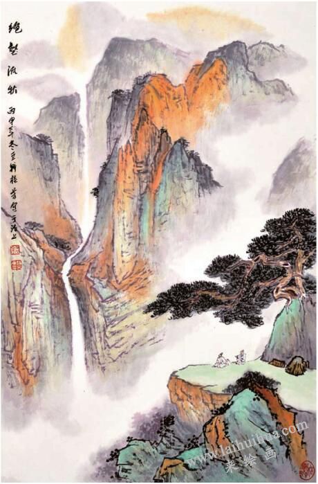 水墨、曙青重彩法《绝壑流秋》
