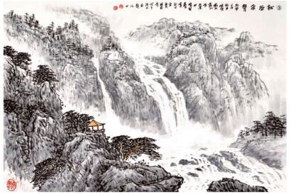 勾皴法03，水墨山水画流泉、瀑布的画法