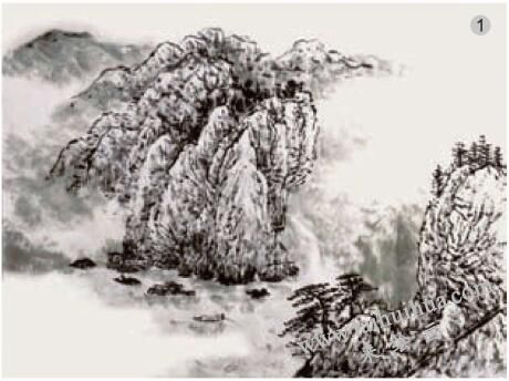 《翠岭炳云泊舟帆》罩染法画法步骤01