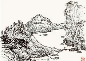 水墨山水画山脚及水楼的画法