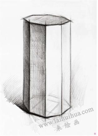 八棱柱的素描画法步骤05，几何形体素描训练