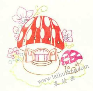 蘑菇房子色铅笔简笔画画法步骤03