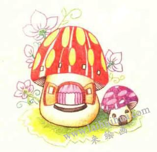 蘑菇房子色铅笔简笔画画法步骤05