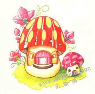 蘑菇房子色铅笔简笔画画法步骤06