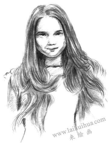 长发少女素描画法步骤10