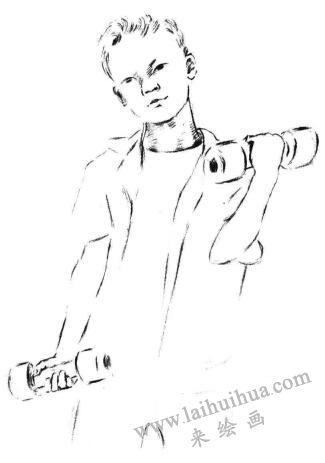 玩哑铃的男孩素描画法步骤04