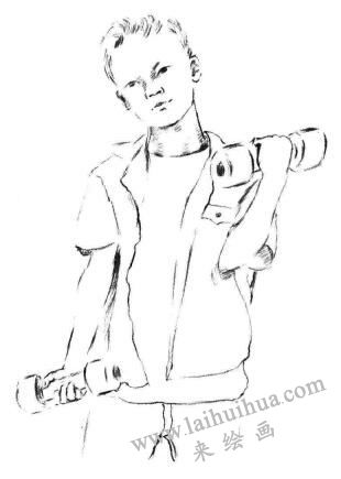 玩哑铃的男孩素描画法步骤05