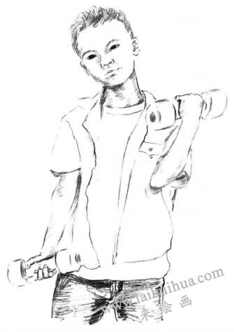玩哑铃的男孩素描画法步骤07