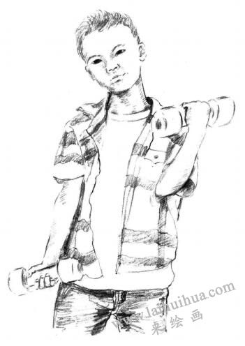 玩哑铃的男孩素描画法步骤08