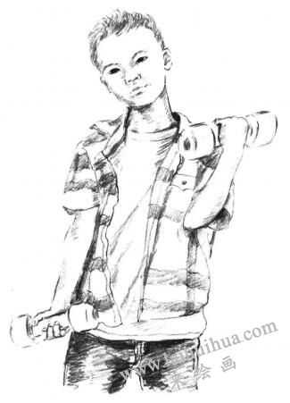 玩哑铃的男孩素描画法步骤09