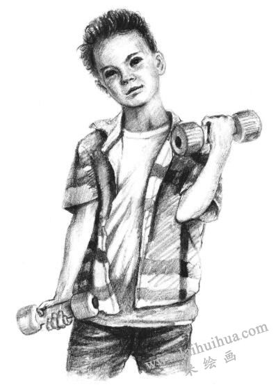 玩哑铃的男孩素描画法步骤11