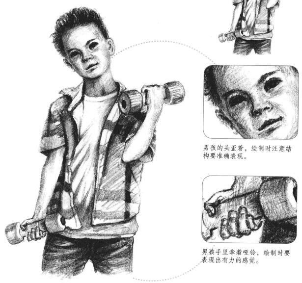 玩哑铃的男孩素描画法步骤