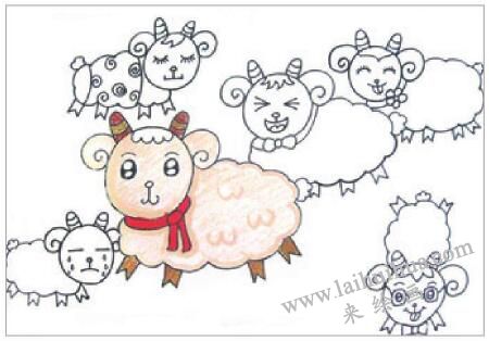 一群小绵羊油棒画画法步骤02
