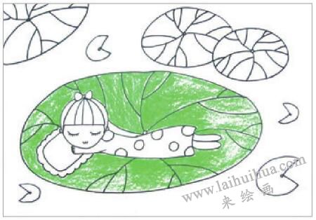 睡在荷叶上的娃娃油棒画画法步骤02