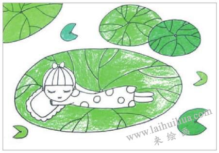 睡在荷叶上的娃娃油棒画画法步骤03
