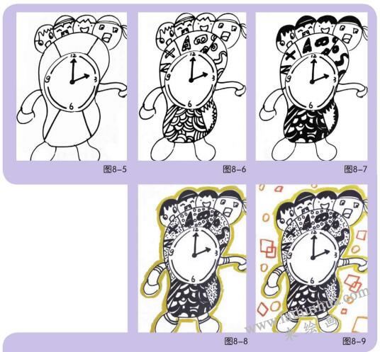 脚丫闹钟儿童绘画步骤02,03,04,05,06