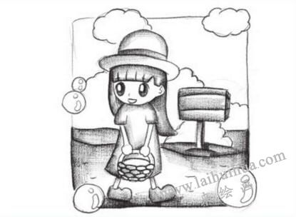 戴帽子的小女孩创意素描绘画步骤03