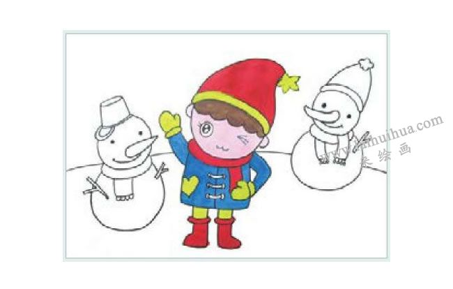 小男孩和雪娃娃水粉画作画步骤02
