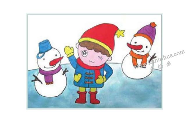 小男孩和雪娃娃水粉画作画步骤03