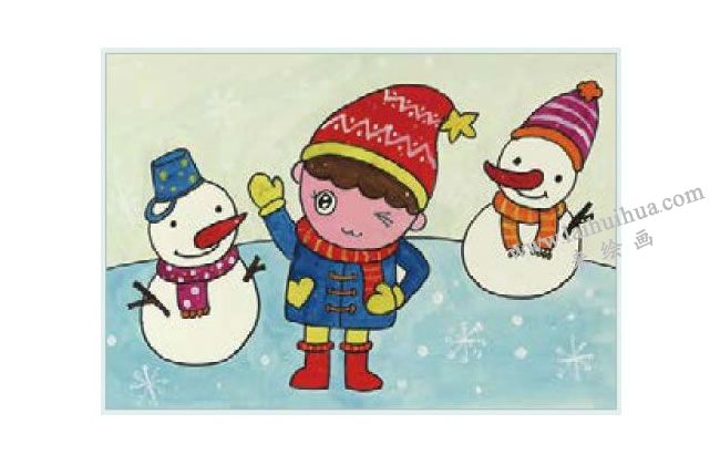 小男孩和雪娃娃水粉画作画步骤04