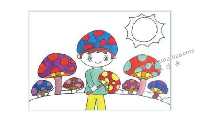 摘蘑菇的小男孩水粉画作画步骤02