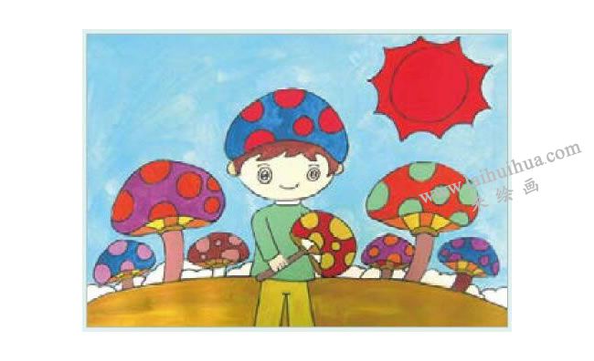 摘蘑菇的小男孩水粉画作画步骤03