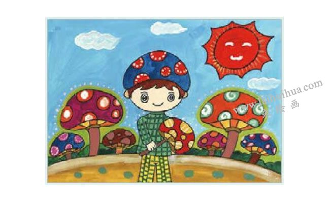 摘蘑菇的小男孩水粉画作画步骤04