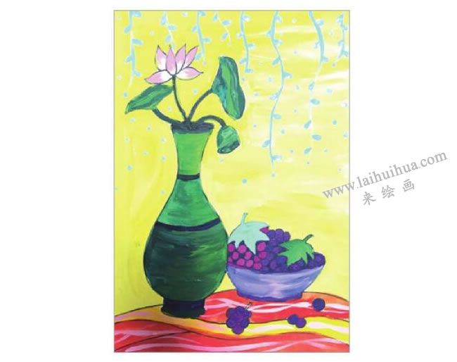 静物组合花瓶和果盘水粉画作画步骤05