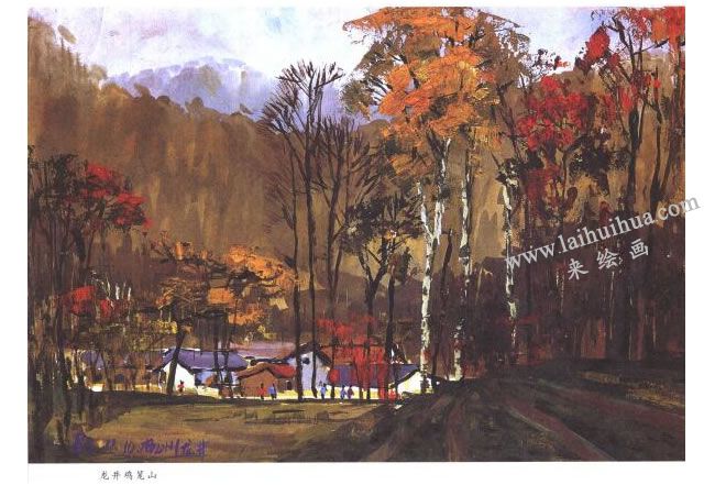 龙井鸡笼山水粉画