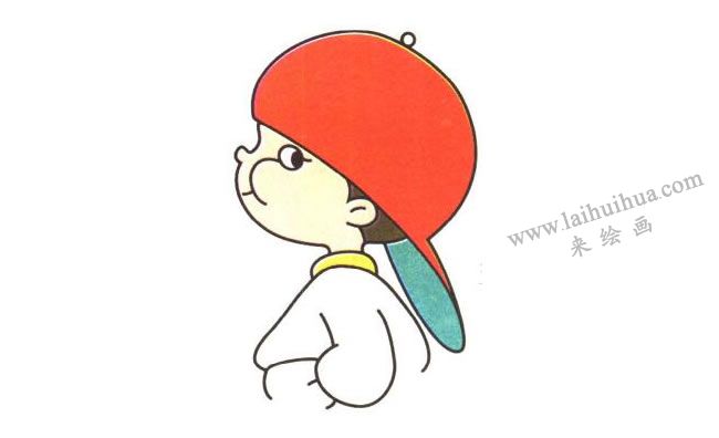五官和上身；吹口哨的男孩儿童卡通画法步骤02