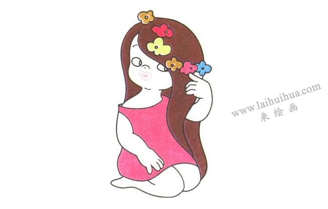 戴花的女孩儿童卡通画