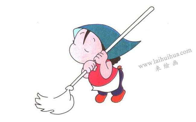 姐姐的右脚和拖把；爱劳动的姐姐儿童卡通画法步骤03