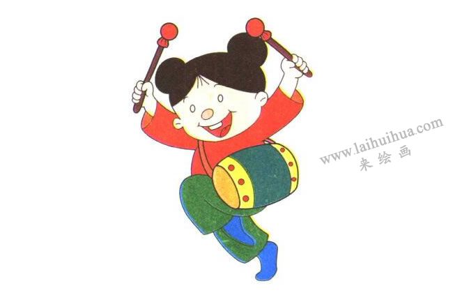 打鼓女孩的儿童卡通画