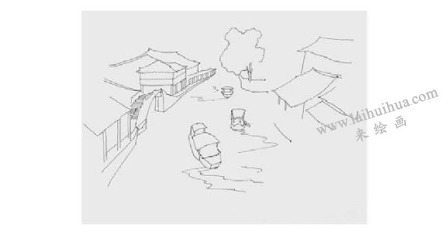 古镇河道风景速写的画法步骤01