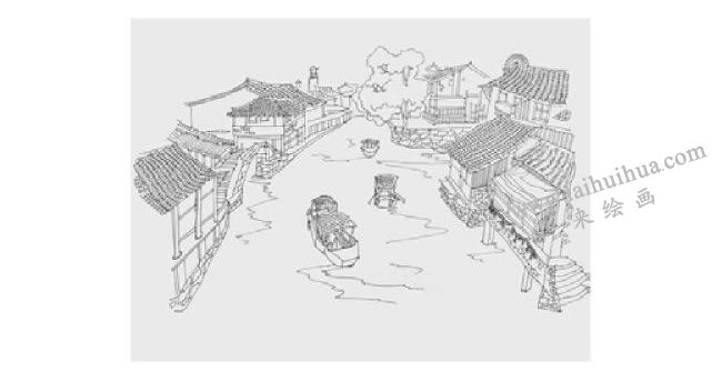 古镇河道风景速写的画法步骤03