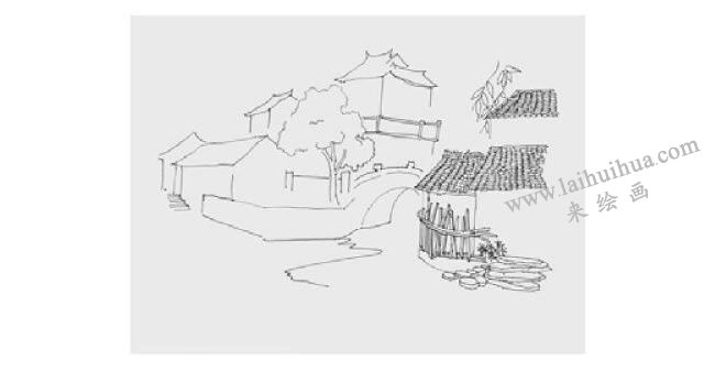 河畔茶楼风景速写的画法步骤02