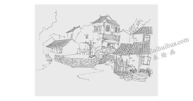 河畔茶楼风景速写的画法步骤03