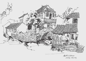河畔茶楼风景速写的画法步骤