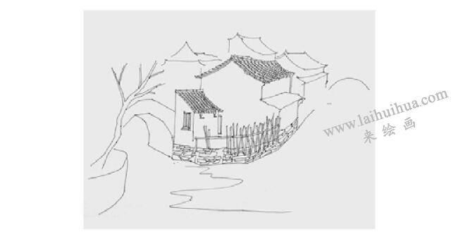 江南民居风景速写的画法步骤02